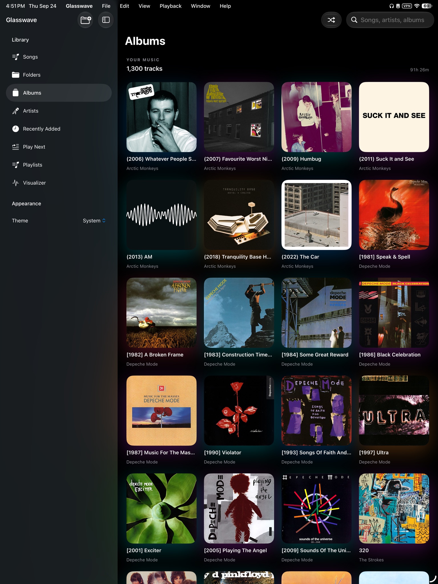 Glasswave displaying a local album library